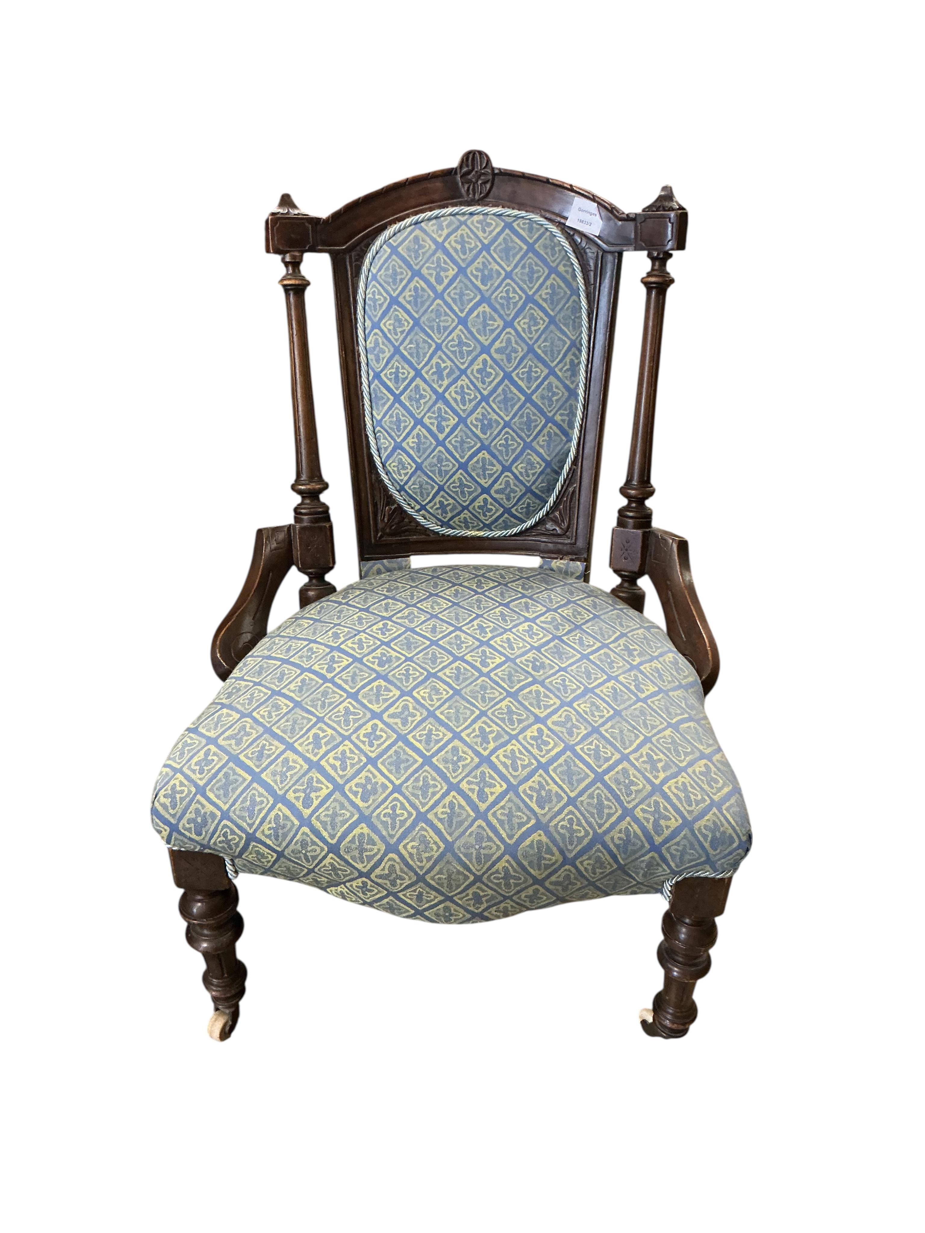 Two Victorian upholstered nursing chairs, larger width 56cm, depth 51cm, height 78cm